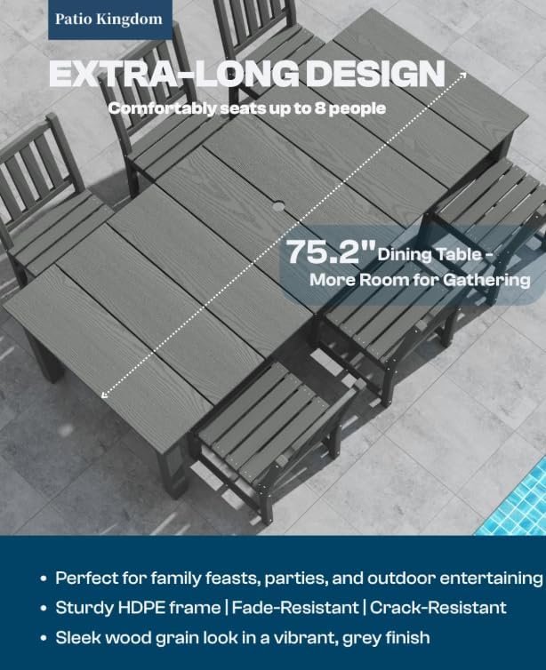 9-Piece HDPE Patio Dining Set for 8, 75.2" Table,Gray | HDPE material, umbrella hole design, weather-resistant patio furniture, perfect for yard, lawn, garden, balcony, deck
