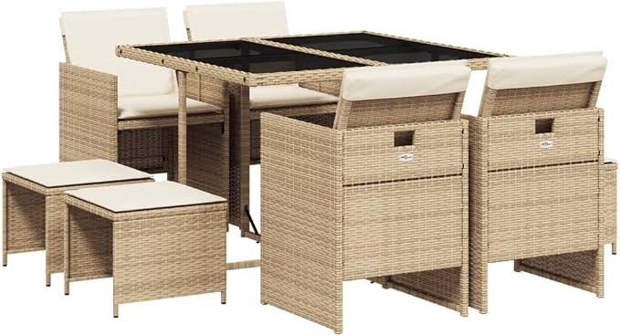 9 Piece Patio Dining Set with Cushions Beige Poly Rattan Outdoor Furniture Table Chairs Stools Foldable Space Saving Tempered Glass Top UV Proof for Garden Backyard Porch