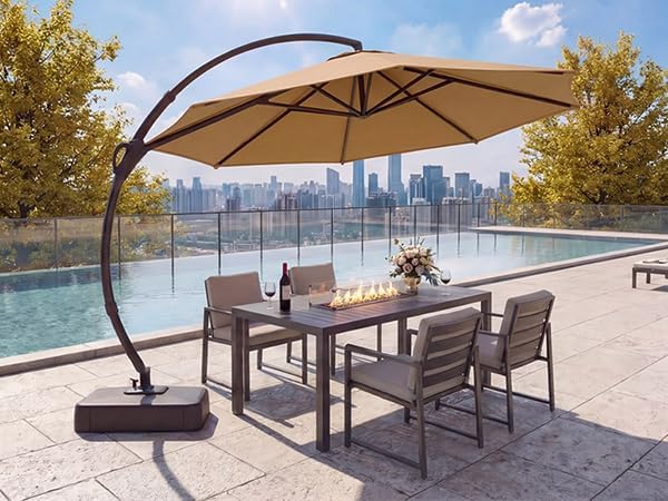 LAUSAINT HOME 10FT Curvy Cantilever Patio Umbrella with Base, 360° Rotation Offset Outdoor Umbrella, Heavy Duty Hanging Umbrella for Backyard, Pool, Garden（Tan）