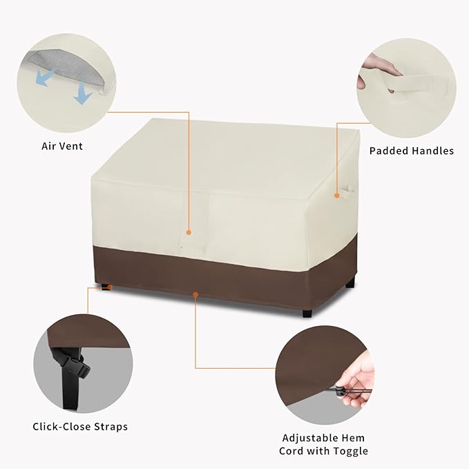Easy-Going Heavy Duty Waterproof Outdoor Loveseat Couch Bench Patio Furniture Cover Windproof Durable (54Wx38Dx35H inch, Beige/Dark Brown)