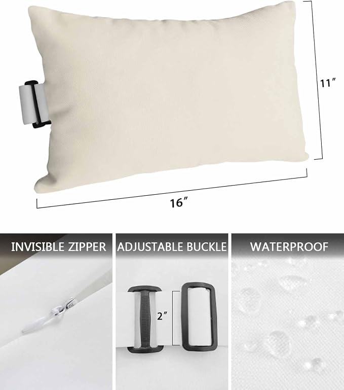DecorLovee Cream Outdoor Recliner Pillows for Head, Modern Pure Cream Waterproof Chair Pillow with Elastic Stripe, Farmhouse Chaise Lounge Headrest Pillow for Patio/Beach/Pool 1Pack, 11"x16"