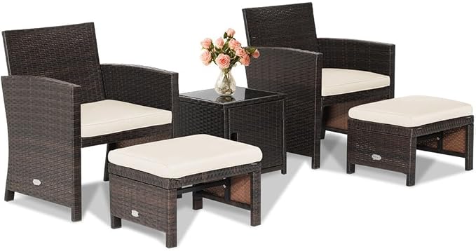 5PCS Patio Rattan Furniture Set Ottoman Cushioned W/Cover Space Saving Beige