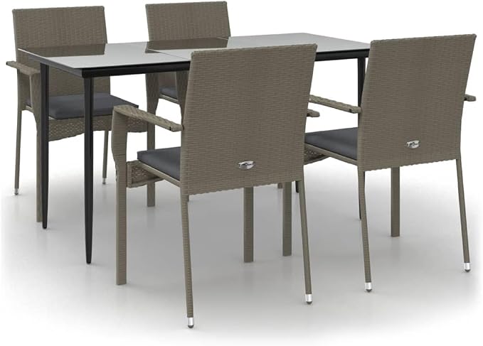 5 Piece Patio Dining Set with Cushions, Outdoor Garden Table and 4 Chairs, Weather Resistant PE Rattan Furniture for Backyard, Porch, Balcony, Black and Gray