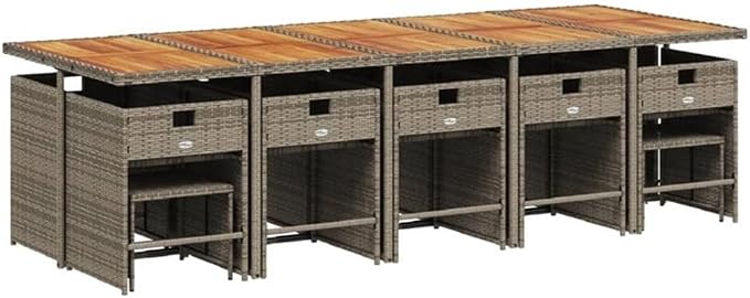 Afuera Living 14-Piece Poly Rattan Patio Dining Set, Gray Finish, Acacia Wood Table, UV-Resistant Cushions, Powder-Coated Steel Frame, Spacious Seating for 14, Modern Outdoor Garden or Terrace