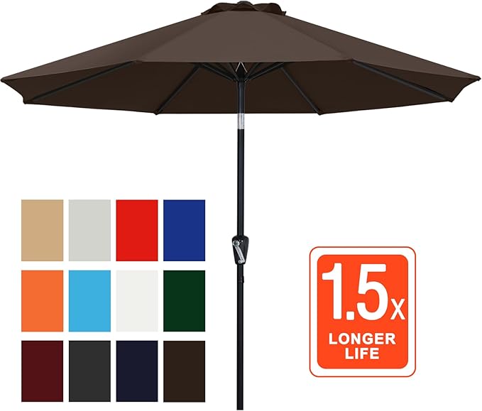 ABCCANOPY 9FT Outdoor Patio Umbrella, 8 Ribs Table Umbrella w/Crank for Easy Set Up, Suitable for Garden, Lawn, Deck & Backyard (Brown)