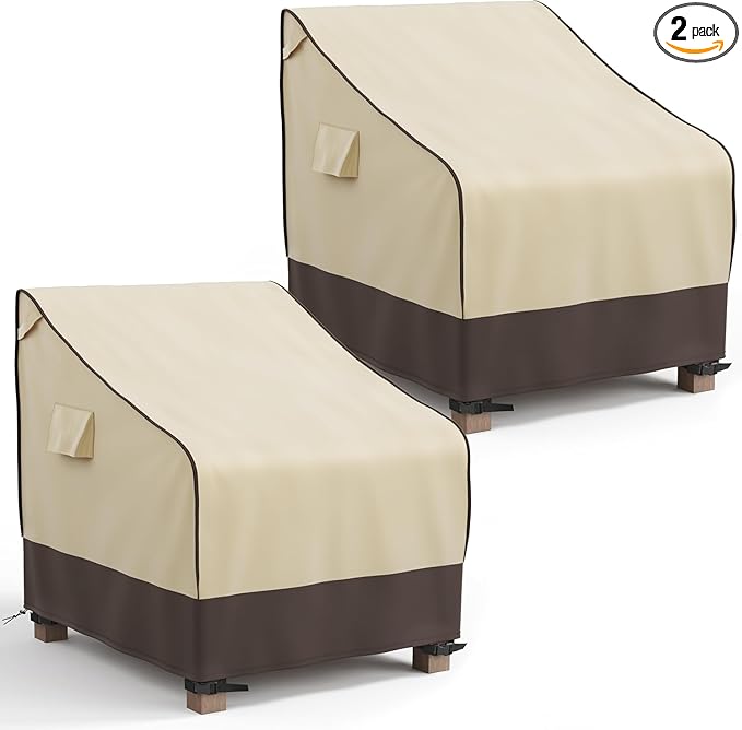 MR. COVER Patio Chair Covers Waterproof, Outdoor Furniture Covers for Rocking Chair, Heavy Duty Anti UV Chair Cover, Fits up to 32"W x 32"D x 35"H, Air Vent and Handles Included, Brown & Khaki, 2 Pack
