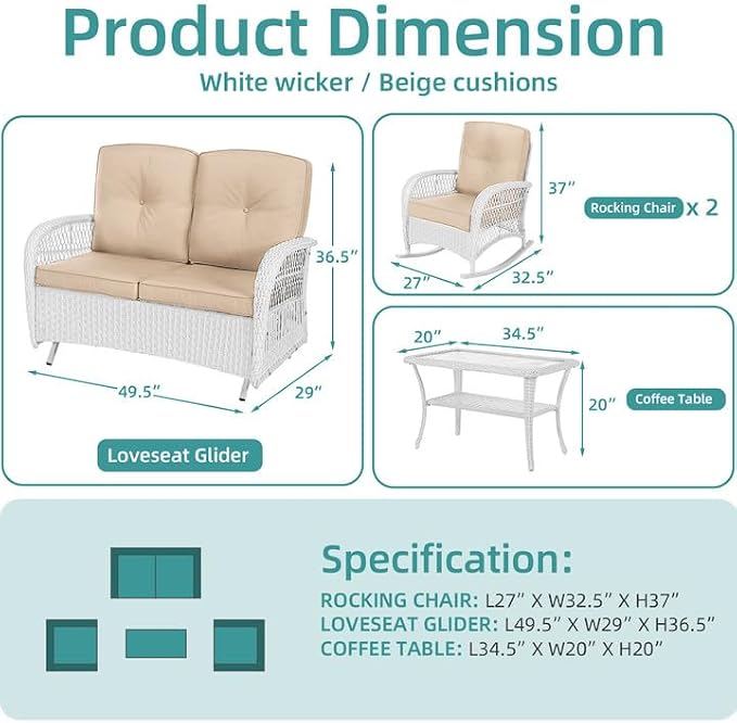 MEETWARM 4 Pieces Outdoor Wicker Patio Conversation Sets with Glider Loveseat, 2 Chairs with Coffee Table Wicker Rocking Chair Set, Patio Furniture Set with Thickened Cushions, White/Beige