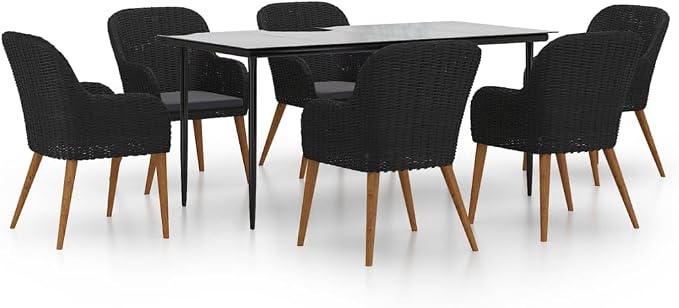 7 Piece Patio Dining Set, Outdoor Garden Table and 6 Chairs with Cushions, Modern Wicker Sectional Dining Furniture for Backyard, Porch and Deck, Black
