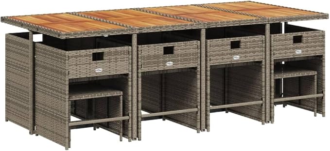 13 Piece Patio Dining Set with Cushions Gray Poly Rattan Outdoor Furniture Table and 8 Chairs Folding Backrest Space Saving UV Protected Acacia Wood Top for Garden Backyard Entertaining