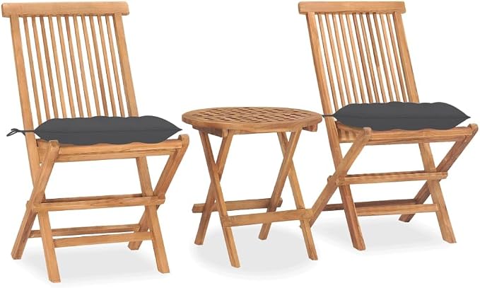 3 Piece Folding Patio Dining Set, Teak Wood Bistro Table and Chairs with Anthracite Cushions for Garden Balcony Deck