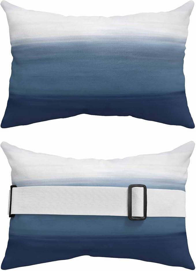 Navy Blue Ombre Outdoor Pillows for Chaise Lounge Chair Beach Headrest Pillow Set of 2 Lumbar Pillows with Insert&Adjustable Elastic Strap Modern Abstract Art Texture Neck Pillow for Pool 12"x20"