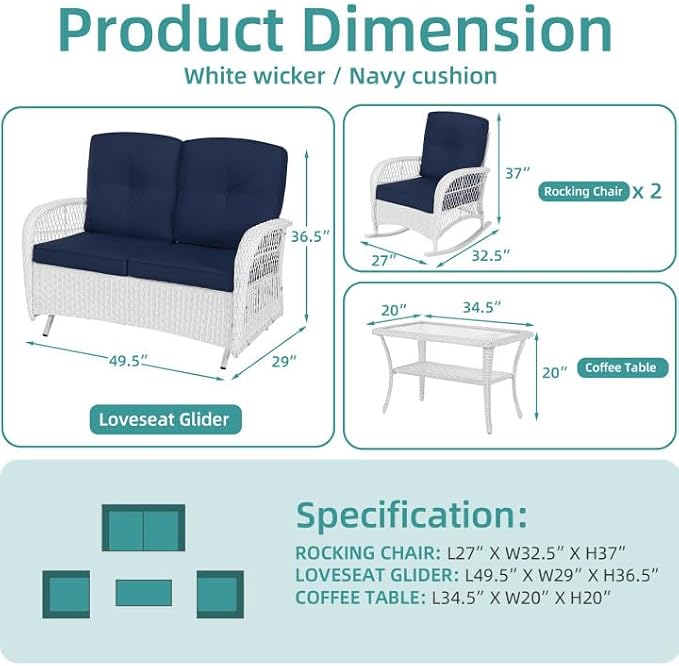 MEETWARM 4 Pieces Outdoor Wicker Patio Conversation Sets with Glider Loveseat, 2 Chairs with Coffee Table Wicker Rocking Chair Set, Patio Furniture Set with Thickened Cushions, White/Navy