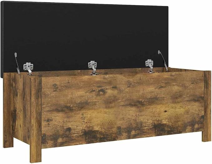 Storage Box with Cushion Smoked Oak 41.3x15.7x17.7 Inch, Storage Bench with Padded Seat for Clothes Toys Books, Sturdy Engineered Wood Trunk for Living Room Bedroom