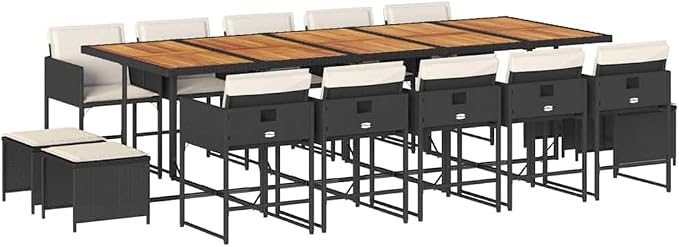 15-Piece Garden Dining Set, Synthetic Poly Rattan Patio Furniture with Acacia Wood Tabletop, Outdoor Seating for 14, Foldable and Stackable Design