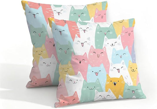16x16 Inch Outdoor Pillow Covers Set of 2 Waterproof Throw Pillow Covers Decorative Couch Cushion Covers Cats Cute Square Pillowcases Protectors for Patio Garden Sofa