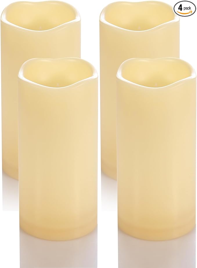 4 Pack Outdoor Battery Operated Candles with Timer Waterproof Led Flickering Candles Flameless Pillar Lights for Party/Lantern/Patio/Wedding/Garden,Cream White,3x6 Inch