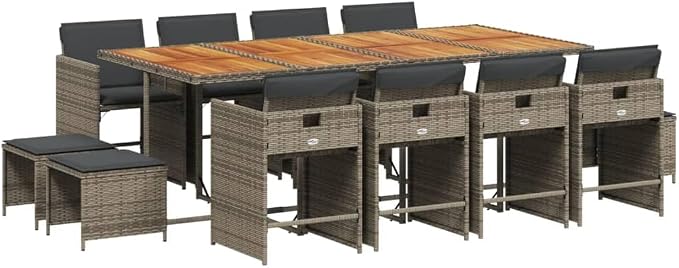 13 Piece Patio Dining Set with Cushions Gray Poly Rattan Outdoor Furniture Table and 8 Chairs Folding Backrest Space Saving UV Protected Acacia Wood Top for Garden Backyard Entertaining