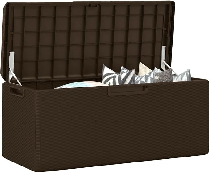 Patio Storage Box with Seat Cushion, 92.5 Gallon Outdoor Deck Box for Garden Tools and Yard Accessories, Durable Polypropylene Rectangular Storage Bench for Terrace, Brown