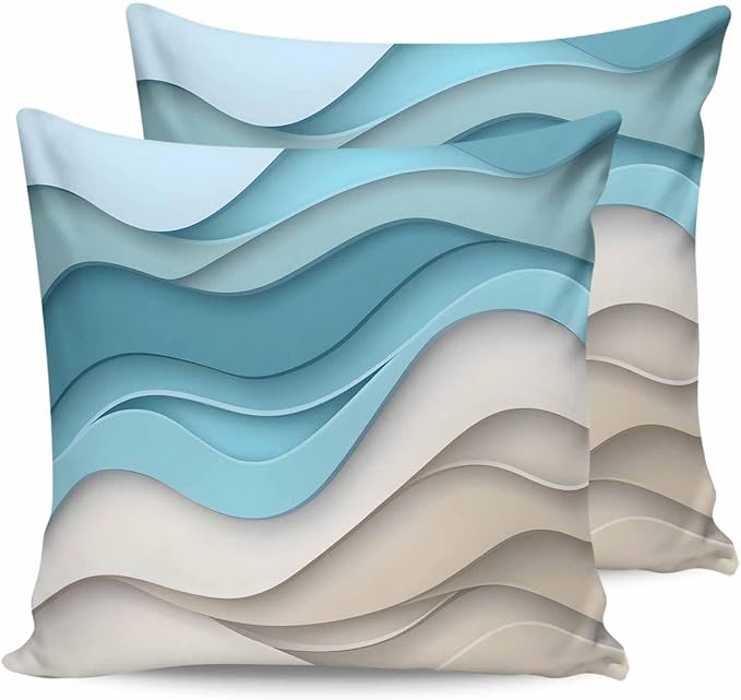 Pack of 2 Ombre Blue Brown Outdoor Pillow Waterproof Covers 20x20 inch, Abstract Wave Polyester Throw Pillow Covers Garden Cushion Decorative Case for Patio Couch Decoration