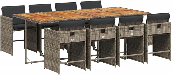 9 Piece Patio Dining Set, Outdoor PE Rattan Furniture with Acacia Wood Table and 8 Foldable Chairs, Comfortable Cushioned Seating for Garden Backyard Deck