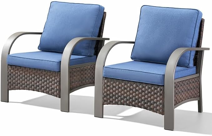 Belord Wicker Patio Chairs Set of 2-300LBS Weight Capacity Oversize Outdoor Patio Chairs with High Backrest Metal Curved Armrest, All Weather PE Rattan Outdoor Seating for Porch Deck Backyard