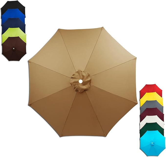 6/8 Ribs Patio Umbrella Replacement Canopy 6.5ft 7.5ft 8.2ft 8.9ft 9.8ft 11.5ft Waterproof UV Protective Replacement Parasol Fabric Cover for Garden Outdoor(Khaki,6.5ft/8ribs)