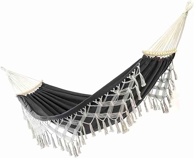 Canvas Hammock, 2 Person Foldable Hanging Swing Hammock with Tassels for Beach Yard Bedroom Patio (Black)
