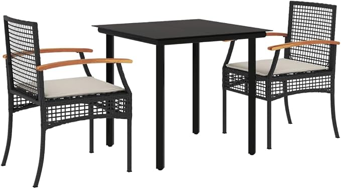 3 Piece Patio Dining Set with Cushions Black Poly Rattan Outdoor Table and Chairs for Garden Backyard Deck Tempered Glass Top UV Proof Weather Resistant