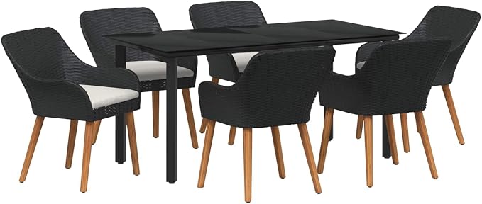 7 Piece Garden Dining Set with Cushion Black Poly Rattan Outdoor Patio Furniture Table and Chairs for 6 People Weather Resistant Easy Assembly Backyard Poolside Entertaining