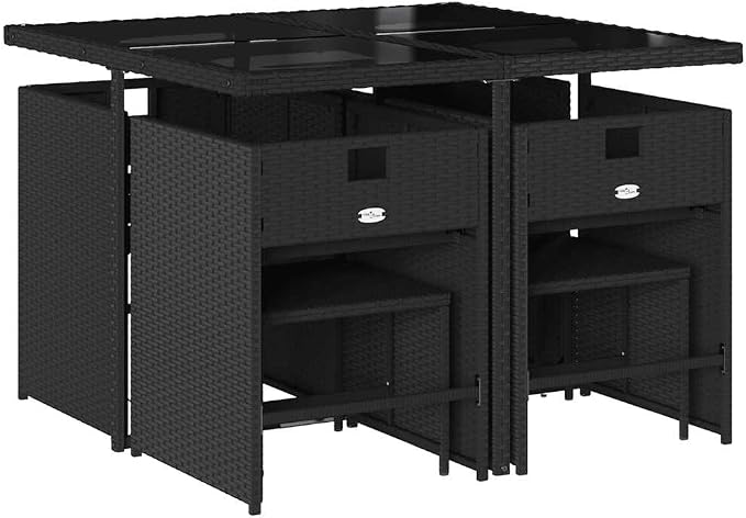 9-Piece Garden Dining Set with Rectangular Poly Rattan Table, Black and Cream White High-Back Chairs and Stools for Outdoor Patio