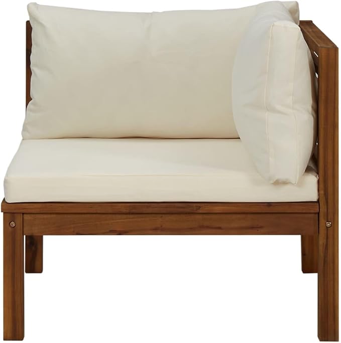 Sectional Corner Sofa with Cream White Cushion, Solid Acacia Wood Single Corner Sofa Chair, Outdoor Conversation Set Sectional Sofa Chair for Porch, Deck, Backyard,-426
