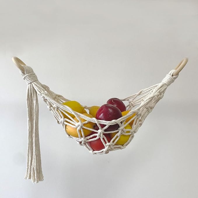 22 Inches Hanging Fruit Hammock Fruit Vegetable Hanger Basket Fruit Holder Net Banana Storage Hammock with 2 Pcs Screw Hooks for Kitchen Under Cabinet