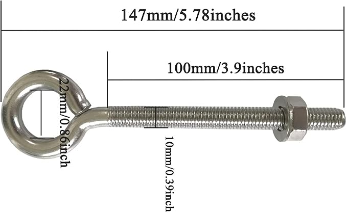 Hammock Hooks, 2 Pack M10 Stainless Steel Eye Bolt 4" Heavy Duty Eyebolt Eyelet Screws with Washer and Nuts for Yoga Hammock Swing Chair Indoor Outdoor, Long Shank Thread Length 100mm