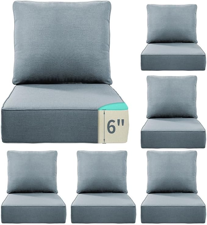 Luxury 22*24*6in Outdoor Patio Cushions, 6 Pieces Sky Blue Outdoor Cushion | 6'' Thick Outdoor Cushions, Water-Resistant, Reversible, Removable Cover, for Patio Chairs Sofa Couch Loveseat