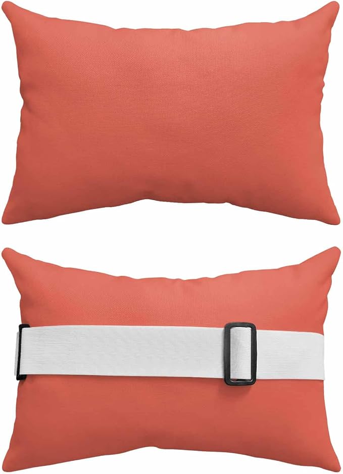 Solid Color Coral Red Chaise Lounge Head Pillow, 1 Pack Outdoor Recliner Pillow with Insert&Adjustable Elastic Strap, Minimalist Style Waterproof Throw Pillows for Patio Beach Chair