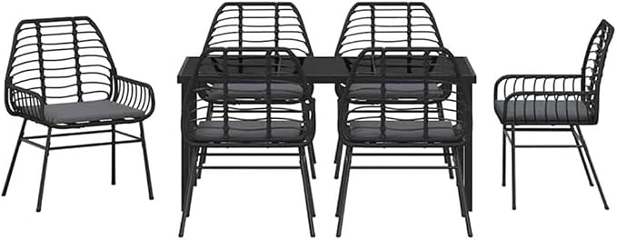 Afuera Living 7 Piece Poly Rattan Garden Dining Set, Black, Weather-Resistant Patio Furniture with Glass Table Top, UV Protection, Comfortable Armrest Seating, Modern Outdoor Dining for Garden or