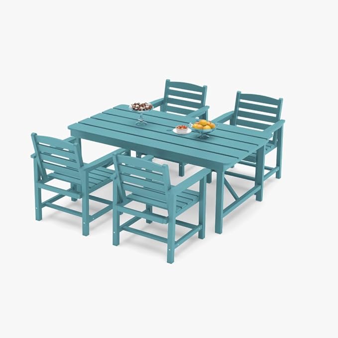 Outdoor HDPE Dining Set 5 Pieces, Patio Table with Umbrella Hole and 4 Chairs, All Weather Patio Furniture for Lawn, Garden, Backyard, Deck, Poolside, Heavy Duty Outdoor Dining Table and Chairs, Blue