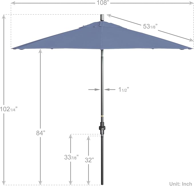California Umbrella 9' Rd. Crank Lift, Collar Tilt, Aluminum Pole, Fiberglass Rib Patio Umbrella, Hammertone Grey Finish, Sunbrella Air Blue