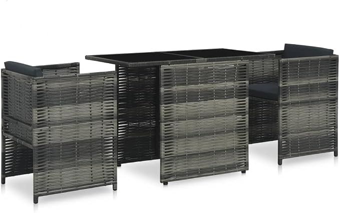 3 Piece Poly Rattan Gray Bistro Set with 4 Removable Cushions, 1 Table and 2 Chairs Outdoor Dining Set for Garden Patio