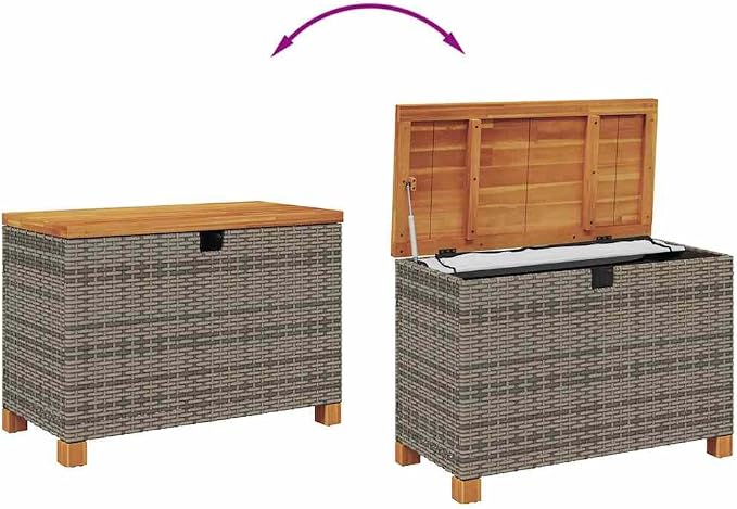 vidaXL Patio Storage Box, Outdoor Cushion Storage Box with Lid, Toy Box for Furniture Garden Tools, Modern Style, Gray Poly Rattan Acacia Wood