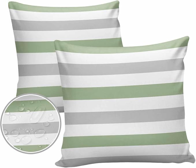 Outdoor Waterproof Throw Pillow Covers 24x24Inch, Spring Stripes Sage Green Cushions for Garden Patio Furniture Chairs Set of 2, Grey Home Decor Couch Sofa Polyester Pillow Cases