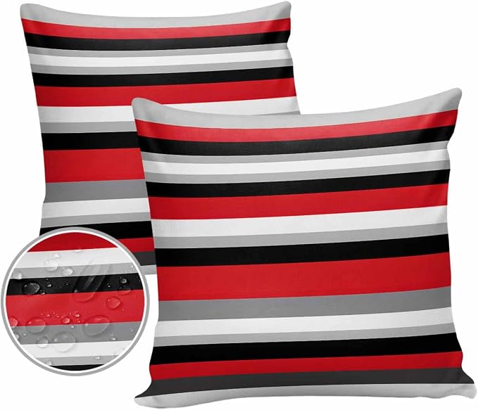 Pack of 2 Red Black Grey Stripes Outdoor Pillow Waterproof Covers 16x16 inch, Geometric Mexican Style Polyester Throw Pillow Covers Garden Cushion Decorative Case for Patio Couch Decoration