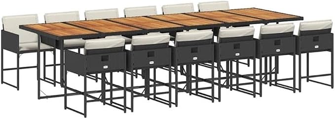 Afuera Living 13 Piece Steel Garden Dining Set, Black Powder-Coated Finish, Rectangular Table with 12 Chairs and Cushions, UV-Resistant, Outdoor Patio or Balcony Use, 129.9 x 41.7 x 28.7 Inches