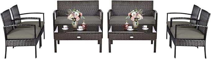 HAPPYGRILL 8-Piece Patio Furniture Set, Garden Pool Lawn Rattan Wicker Conversation Set, Loveseat Sofa Cushioned Seat & Glass Top Coffee Table