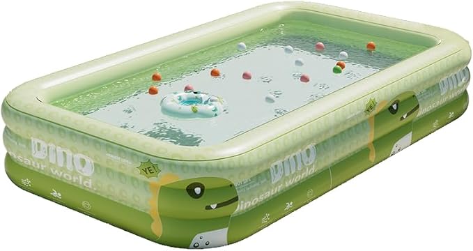 Rectangular Family Inflatable Swimming Pool,Green Dinosaur,118.1 inches 3-Layers PVC Inflatable Walls, Outdoor Backyard