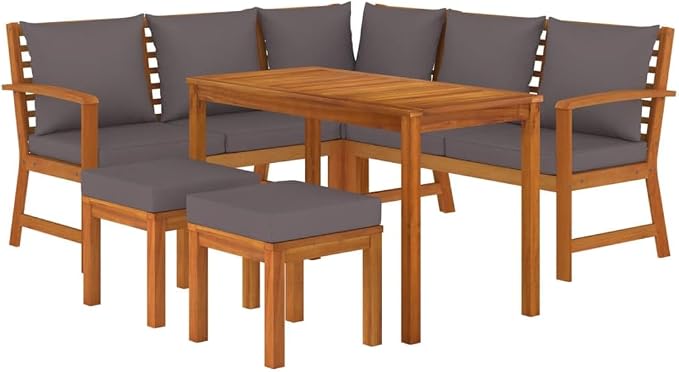 6 Piece Patio Dining Set with Cushions Solid Wood Acacia Outdoor Garden Furniture Table Benches Corner Sofa Footstools for Lawn Backyard Deck Entertaining