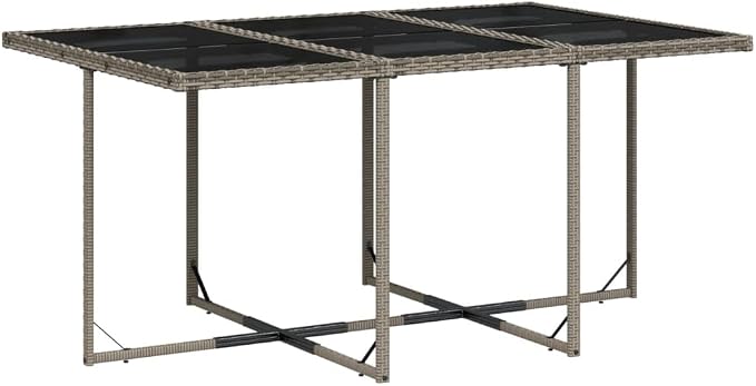 7 Piece Garden Dining Set with Cushions Grey Poly Rattan Outdoor Patio Furniture Table and 6 Chairs with Foldable Design Tempered Glass Top UV Resistant for Backyard