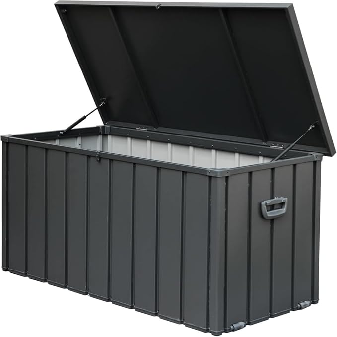 ChicFurnit Outdoor Storage Box, 120 Gallon Deck Box with Lockable Metal Lid & Portable Side Handles, Outdoor Storage Bin with Stable Support Rod, Soft Close Mechanism & Mobility Rollers, Dark Gray