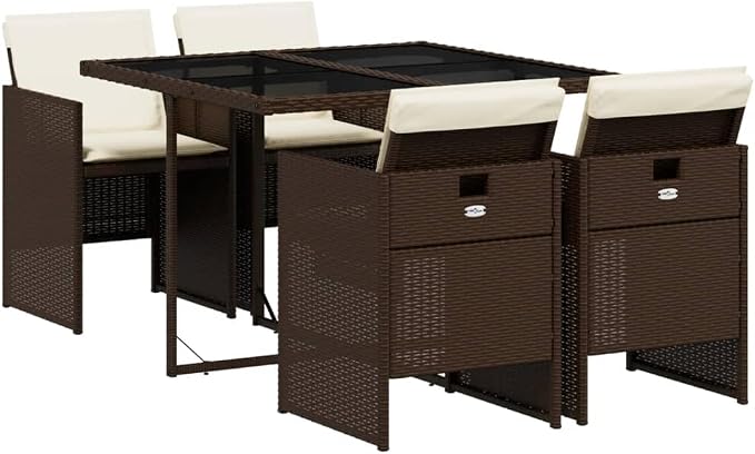 5 Piece Patio Dining Set with Cushions Brown Poly Rattan Outdoor Table and 4 Chairs for Garden Backyard Porch Folding Foldable Stackable Space Saving Tempered Glass Top UV Proof