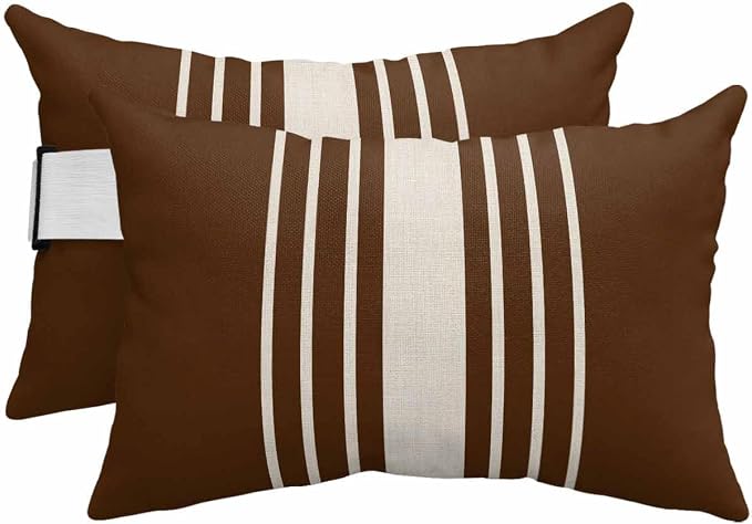 Pack of 4 Outdoor Lumbar Pillow Covers 11x16 Inch, Brown Beige Striped Waterproof Throw Pillow Covers Set, Modern Farmhouse Retro Lines Indoor&Outdoor Decorative Cushion Cases for Patio Porch Beach